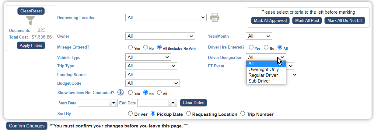 Trips - Driver Designation filter