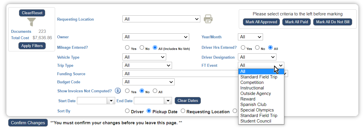 Trips - Field Trip Event filter in the Invoices tab